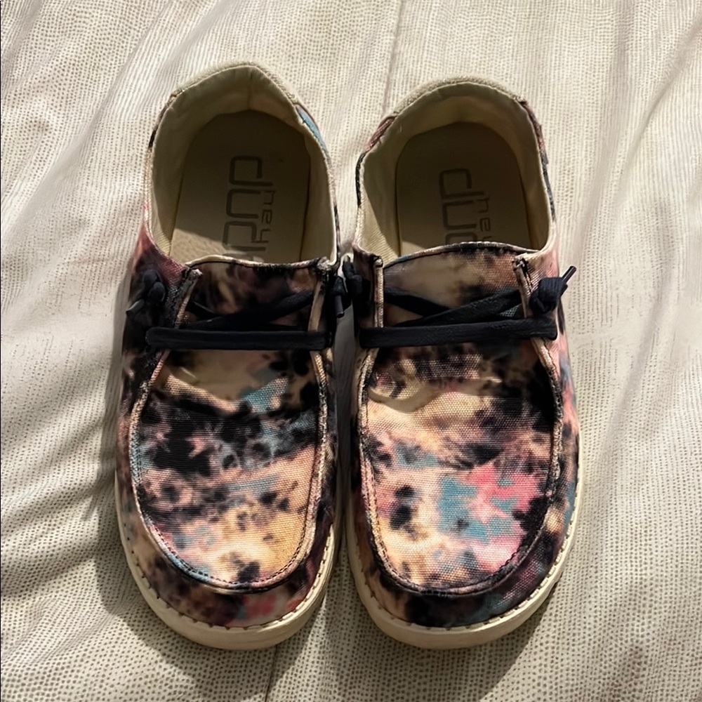 Hey Dude Black and Pink Loafers with Artistic Flair